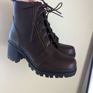 Brown Faux Leather Combat Boots